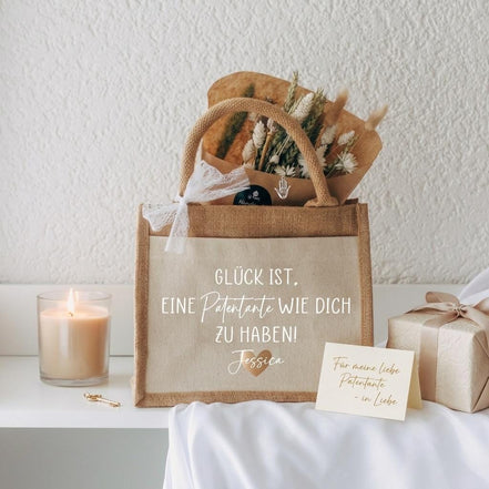 Geschenk Patentante personalisiert – Jutetasche mit Spruch, Glück ist eine Patentante wie dich zu haben, Taufpatin Geschenk, Godi, Gotte