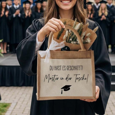 Master in der Tasche Geschenk – Jutetasche Studium bestanden, Abschluss Geschenk Uni, Master Geschenk Idee, Master Geschenk,