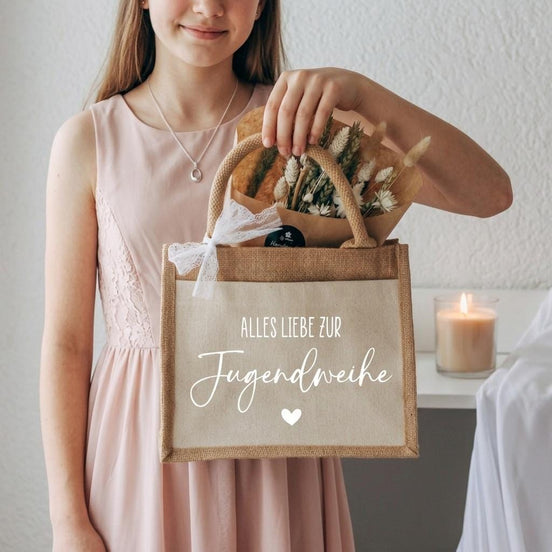 Jugendweihe Geschenk personalisiert – Jutetasche „Alles Liebe zur Jugendweihe“, Geschenk Mädchen Junge, Mit Einsteckfach und Schleife