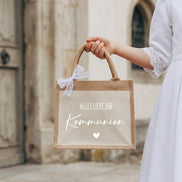 Kommunion Geschenk, Jutetasche „Alles Liebe zur Kommunion“ Geschenk Mädchen, Geldgeschenk Kommunion, mit Vorderfach & Schleife