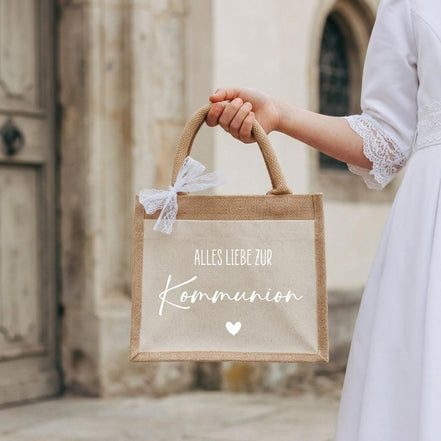 Kommunion Geschenk, Jutetasche „Alles Liebe zur Kommunion“ Geschenk Mädchen, Geldgeschenk Kommunion, mit Vorderfach & Schleife