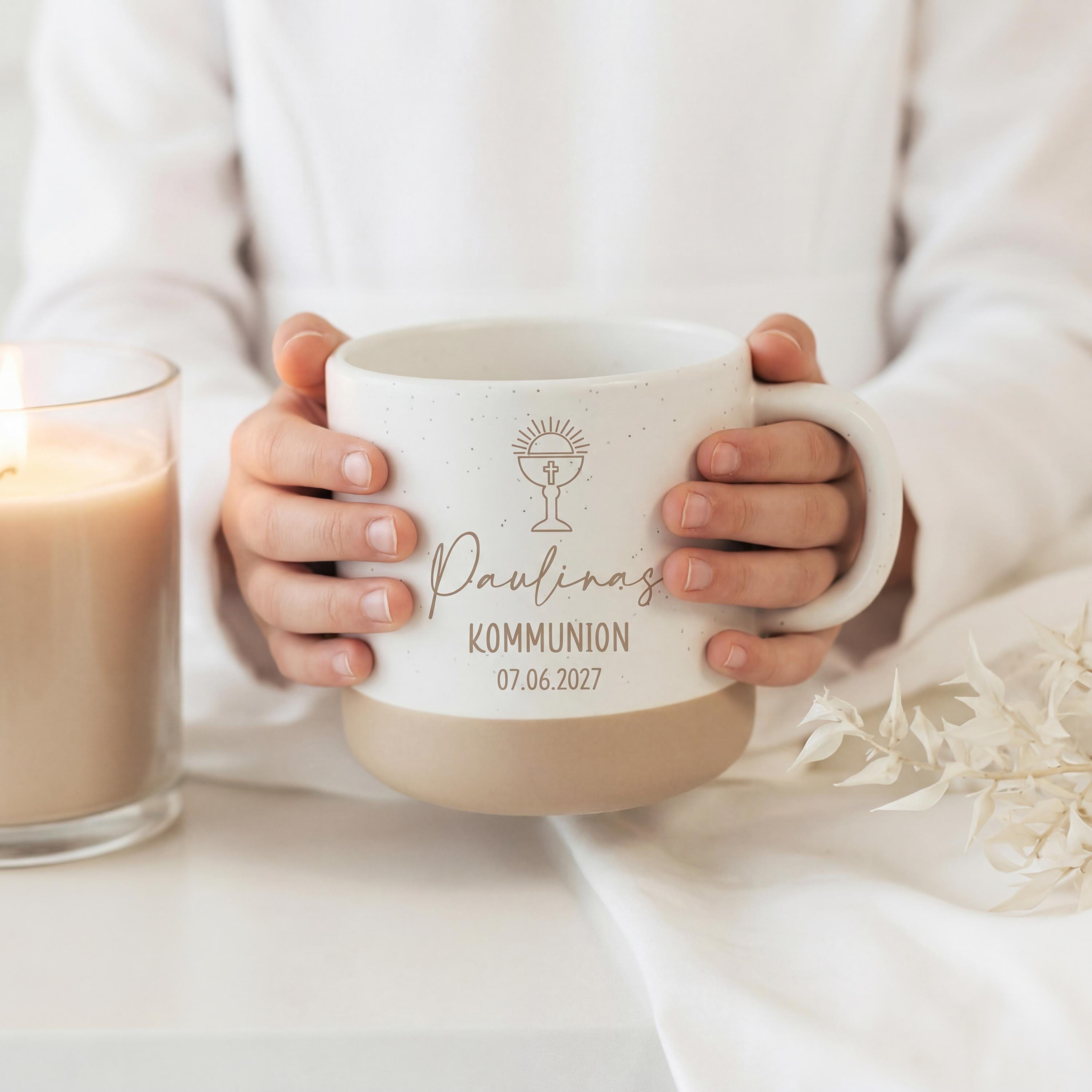 Personalisierte Tasse Kommunion Konfirmation – Geschenk Patenkind – Tasse mit Name Datum – christliches Geschenk Kelch – Kommunion