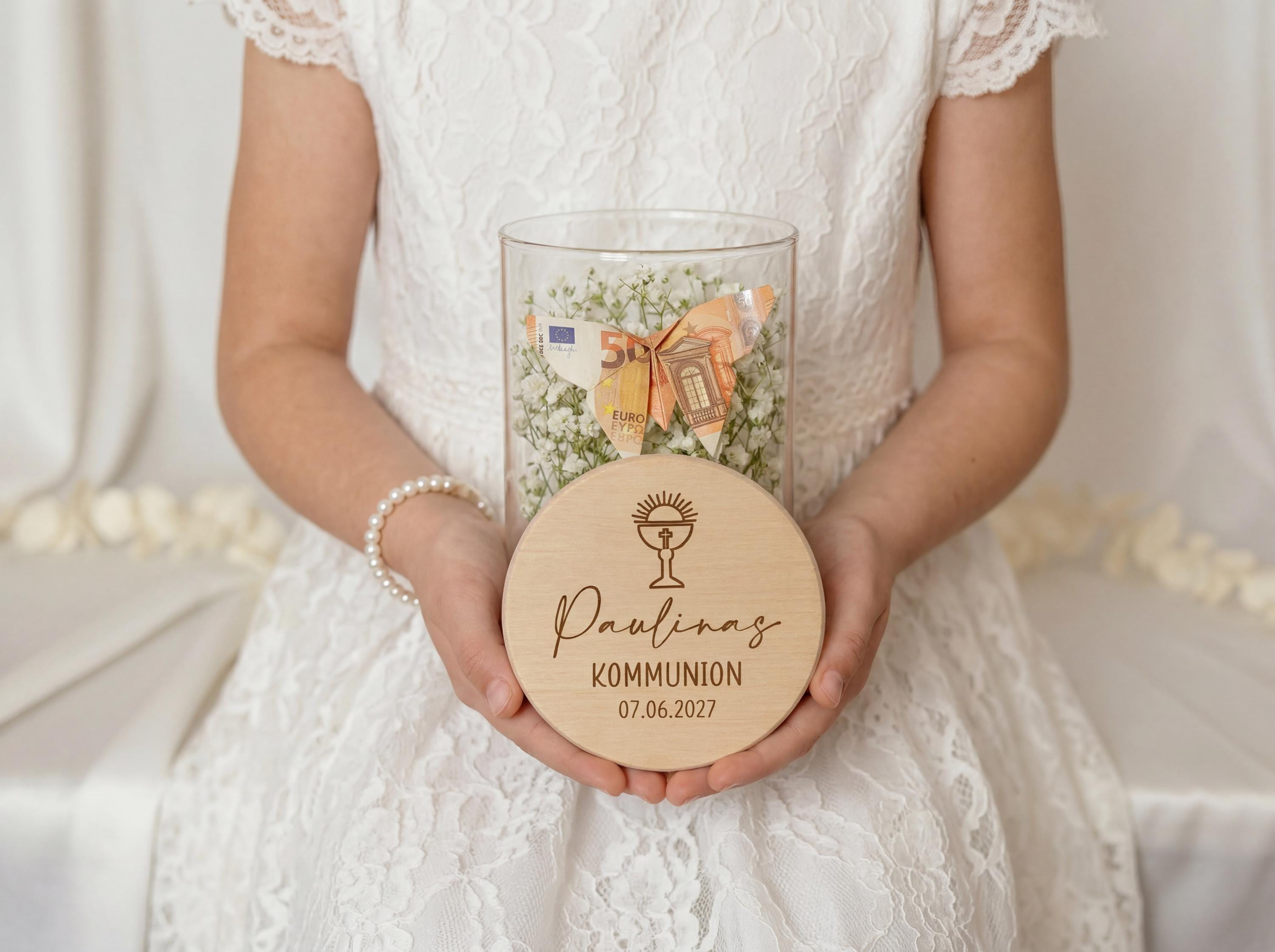 Personalisiertes Geschenk Kommunion Konfirmation Taufe mit Name Datum – Geldgeschenk Glas – Vorratsglas Gravur Kirche, Geldgeschenk
