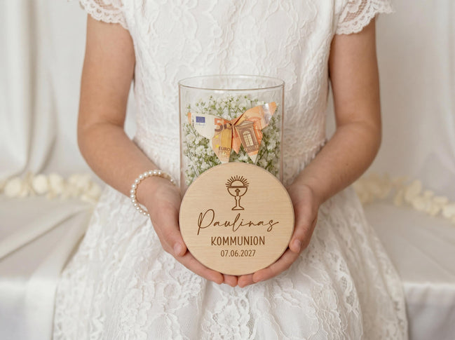 Personalisiertes Geschenk Kommunion Konfirmation Taufe mit Name Datum – Geldgeschenk Glas – Vorratsglas Gravur Kirche, Geldgeschenk