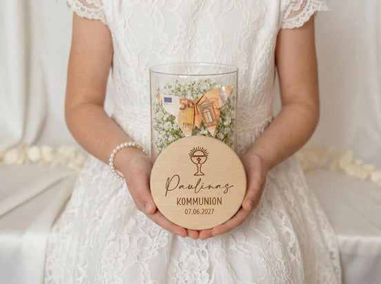 Personalisiertes Geschenk Kommunion Konfirmation Taufe mit Name Datum – Geldgeschenk Glas – Vorratsglas Gravur Kirche, Geldgeschenk