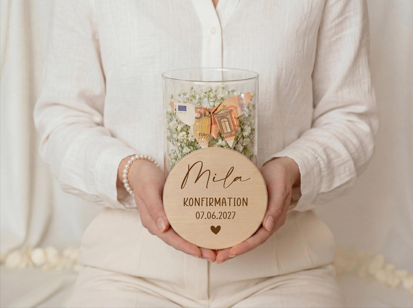 Geldgeschenk Konfirmation personalisiert mit Name Datum – Geschenk zur Konfirmation Mädchen Junge – Glas mit Gravur Taufe Kommunion