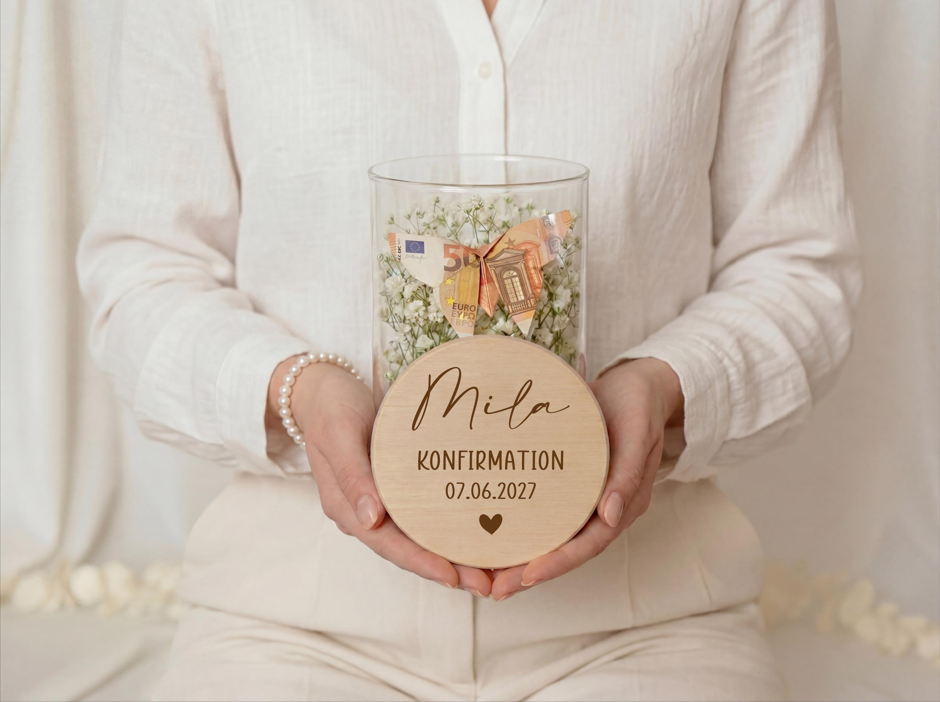 Geldgeschenk Konfirmation personalisiert mit Name Datum – Geschenk zur Konfirmation Mädchen Junge – Glas mit Gravur Taufe Kommunion