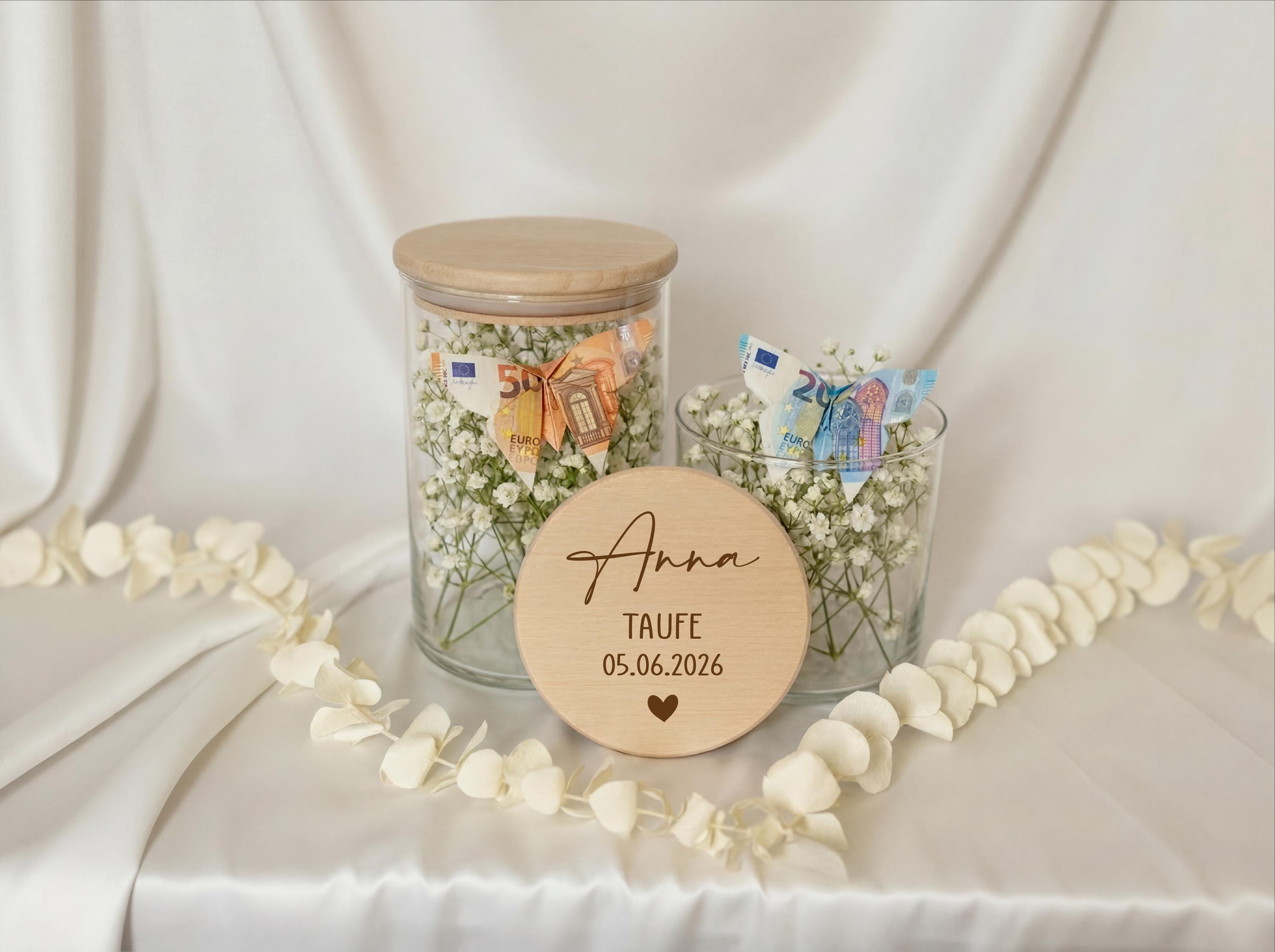Geldgeschenk Taufe personalisiert mit Name Datum – Geschenk zur Taufe Mädchen Junge – Glas mit Gravur Kommunion Konfirmation