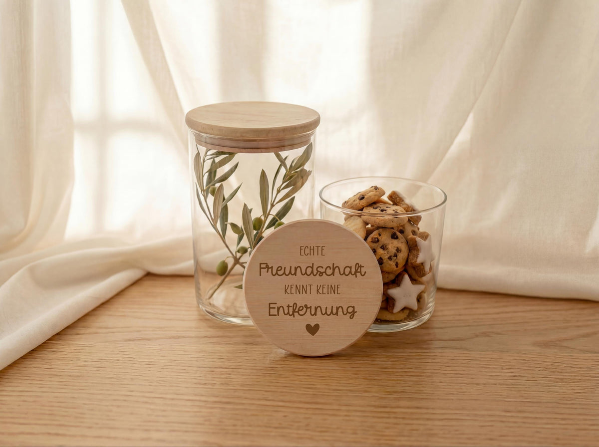 Vorratsglas mit Gravur Echte Freundschaft kennt keine Entfernung – Geschenk für Freundin – beste Freundin Geschenk – personalisiertes Glas