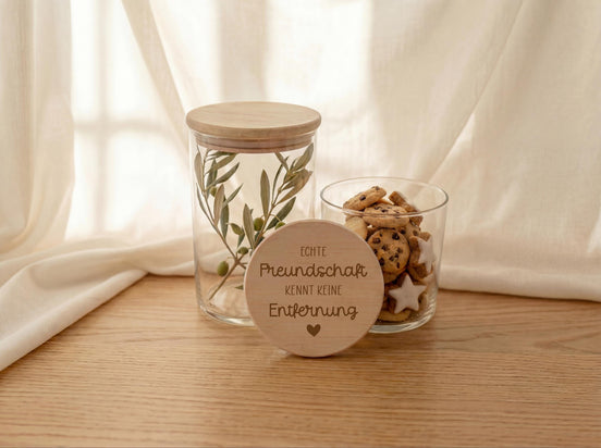 Vorratsglas mit Gravur Echte Freundschaft kennt keine Entfernung – Geschenk für Freundin – beste Freundin Geschenk – personalisiertes Glas