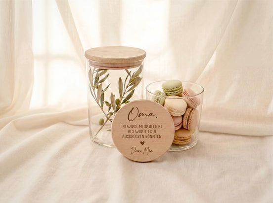 Muttertag Geschenk Oma Vorratsglas mit Gravur Oma du wirst mehr geliebt als Worte sagen können – personalisiert – Geschenk von Enkeln
