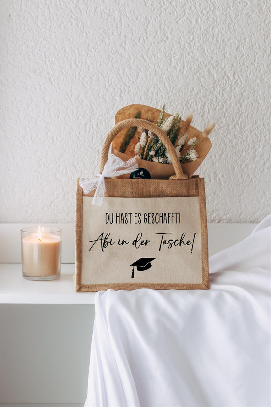 Abi in der Tasche Geschenk – Jutetasche Abitur bestanden, lustiges Abi Geschenk, Abschluss Geschenk Schule, Du hast es geschafft! Abitur 26