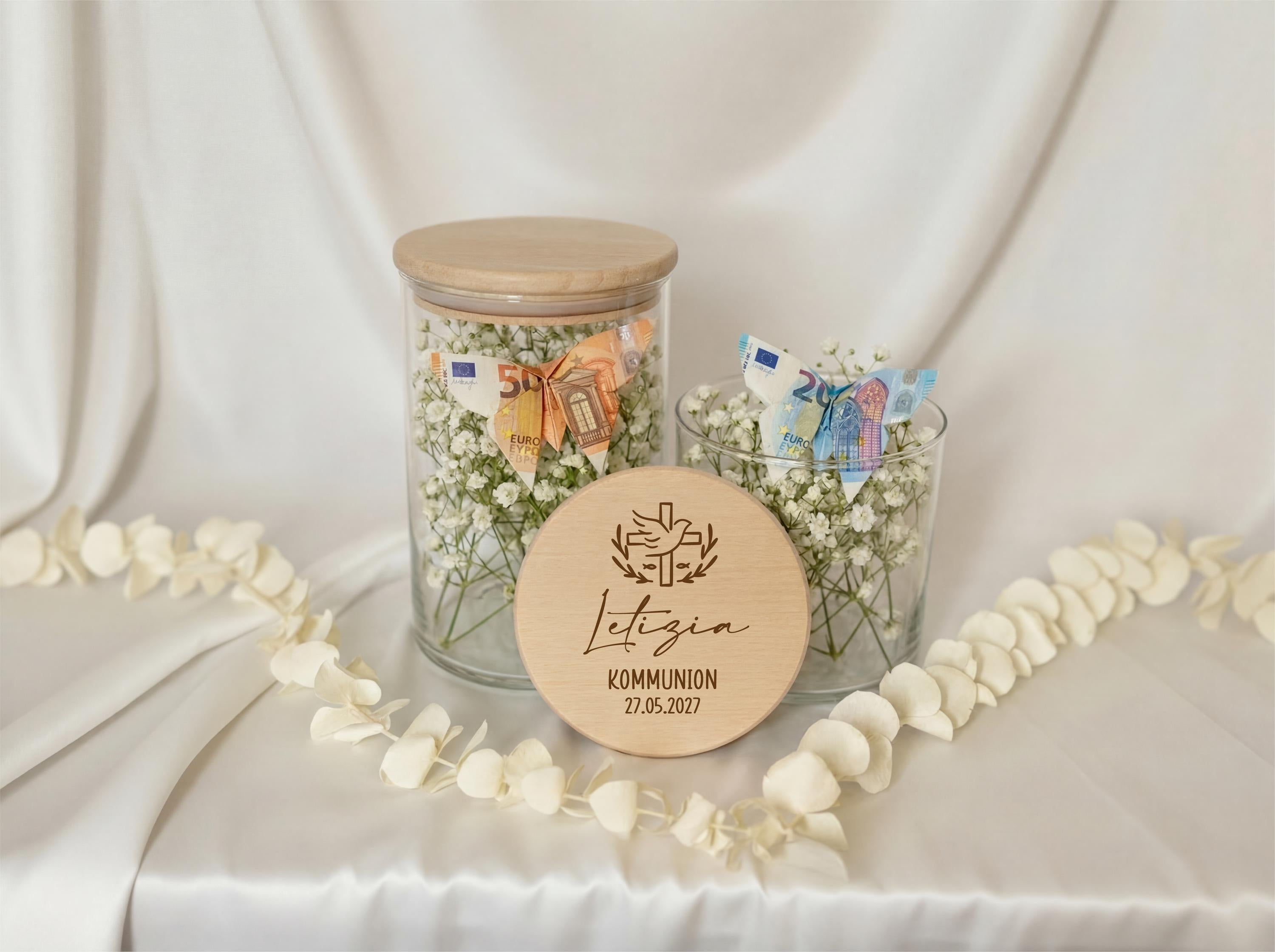 Geldgeschenk Kommunion personalisiert mit Name Datum – Geschenk Kommunion Mädchen Junge – Vorratsglas Gravur Taufe Konfirmation,