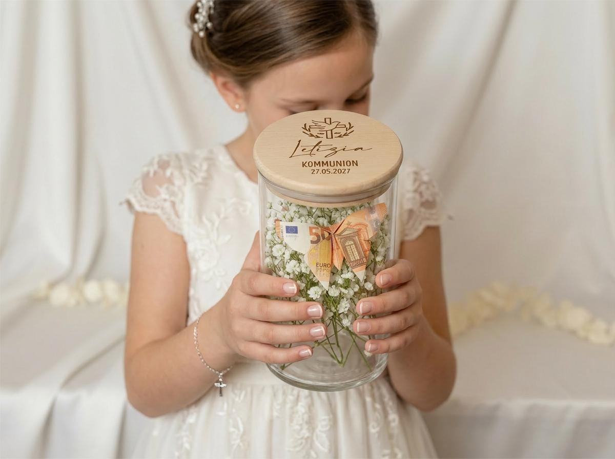 Geldgeschenk Kommunion personalisiert mit Name Datum – Geschenk Kommunion Mädchen Junge – Vorratsglas Gravur Taufe Konfirmation,