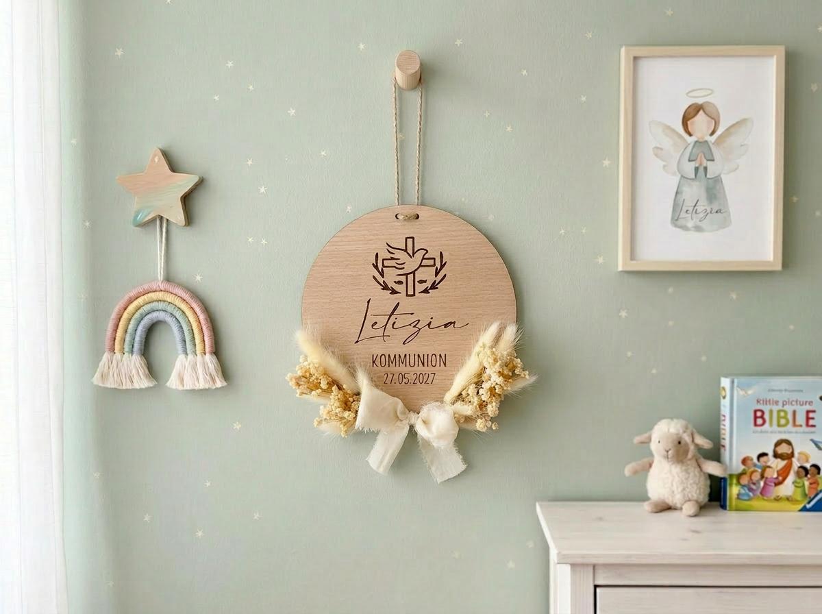 Personalisiertes Holzschild zur Kommunion, Konfirmation oder Taufe mit Namen & Datum – Geschenk für Patenkind, Patenkind Geschenk