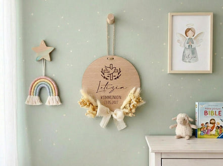 Personalisiertes Holzschild zur Kommunion, Konfirmation oder Taufe mit Namen & Datum – Geschenk für Patenkind, Patenkind Geschenk