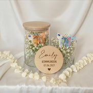 Geldgeschenk Kommunion personalisiert mit Name Datum – Geschenk zur Erstkommunion Mädchen – Glas mit Gravur Taufe Konfirmation