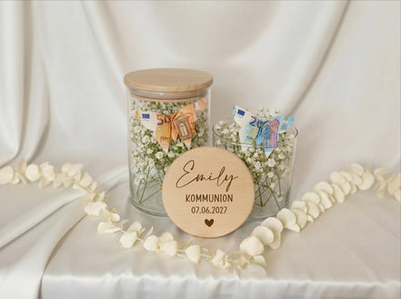 Geldgeschenk Kommunion personalisiert mit Name Datum – Geschenk zur Erstkommunion Mädchen – Glas mit Gravur Taufe Konfirmation
