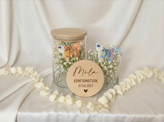 Geldgeschenk Konfirmation personalisiert mit Name Datum – Geschenk zur Konfirmation Mädchen Junge – Glas mit Gravur Taufe Kommunion