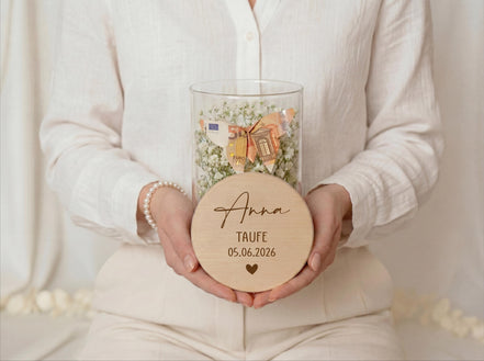 Geldgeschenk Taufe personalisiert mit Name Datum – Geschenk zur Taufe Mädchen Junge – Glas mit Gravur Kommunion Konfirmation