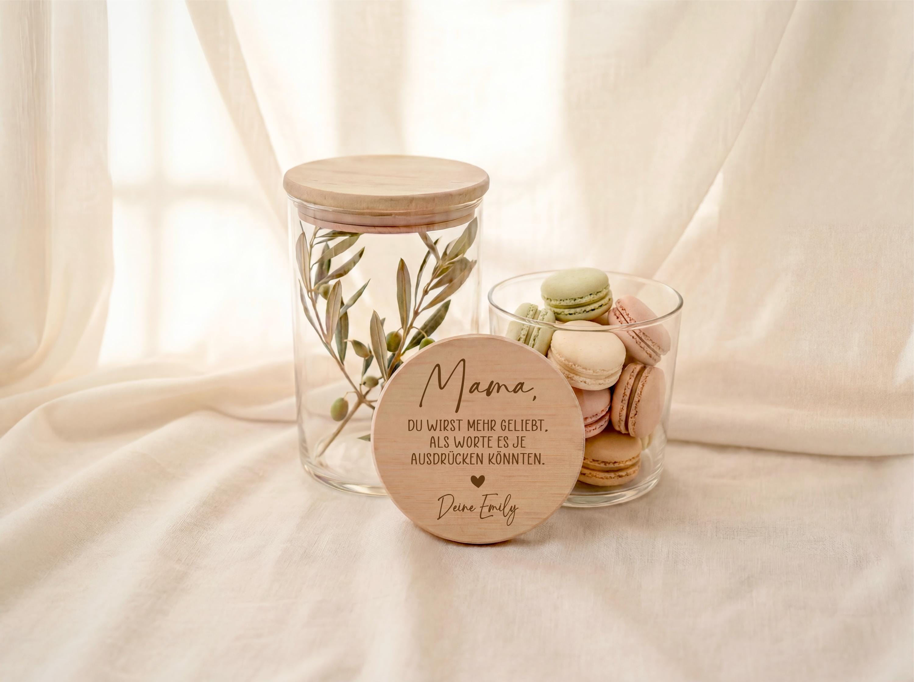 Muttertag Geschenk Vorratsglas mit Gravur Mama du wirst mehr geliebt als Worte sagen können – personalisiert – Geschenk für Mama, mit Namen