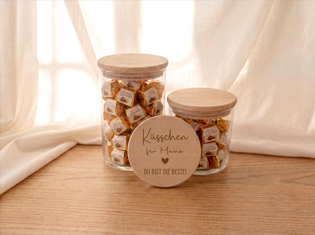 Muttertag Geschenk Mama Vorratsglas mit Gravur Küsschen für Mama du bist die Beste – Süßigkeiten Glas personalisiert, Du bist die Beste