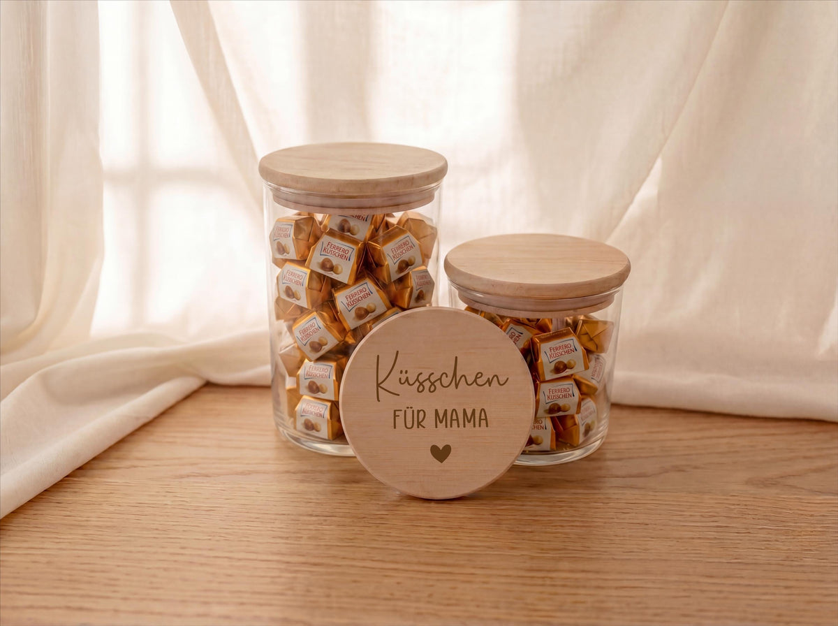 Muttertag Geschenk Mama Vorratsglas mit Gravur Küsschen für Mama – Süßigkeiten Glas personalisiert – Geschenkidee Muttertag,