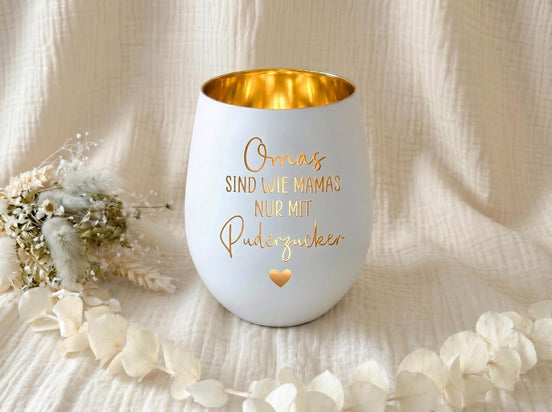 Graviertes Windlicht Oma Geschenk | Weiß Gold oder Schwarz Gold Lasergravur Teelichthalter aus Glas | Geschenk für Oma Windlicht mit Spruch