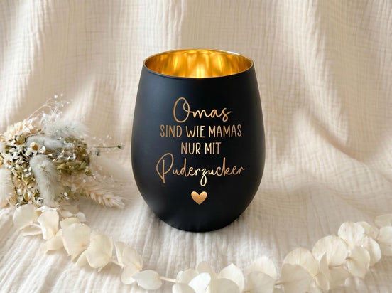 Graviertes Windlicht Oma Geschenk | Weiß Gold oder Schwarz Gold Lasergravur Teelichthalter aus Glas | Geschenk für Oma Windlicht mit Spruch