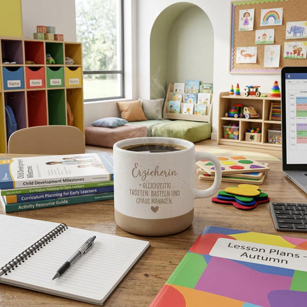 Erzieherin Geschenk lustig, Erzieherin gleichzeitig trösten basteln und Chaos managen, Tasse Erzieherin, Abschied Kindergarten Geschenk Kita