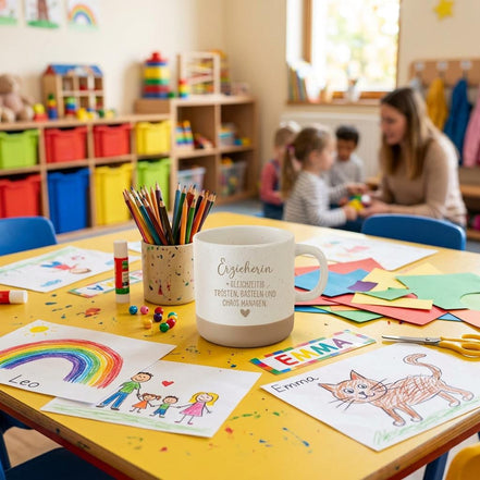 Erzieherin Geschenk lustig, Erzieherin gleichzeitig trösten basteln und Chaos managen, Tasse Erzieherin, Abschied Kindergarten Geschenk Kita
