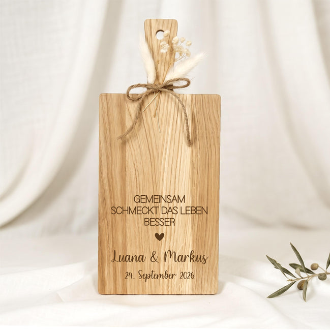 Hochzeitsgeschenk Brett Eiche • Gemeinsam schmeckt das Leben besser • mit Namen & Datum • Geschenk Brautpaar • Holzbrett Hochzeit