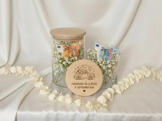 Geldgeschenk Hochzeit personalisiert | Hochzeitsgeschenk mit Namen | Vorratsglas mit Holzdeckel | Geschenk zur Hochzeit | Brautpaar Geschenk