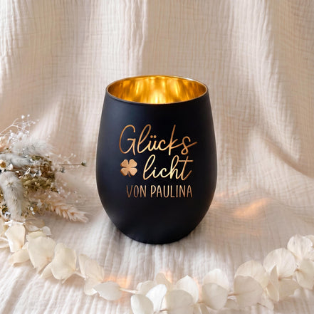 Personalisiertes Glückslicht | Windlicht mit Name | Glücksbringer Geschenk | Graviertes Windlicht | Geschenk für Lieblingsmensch