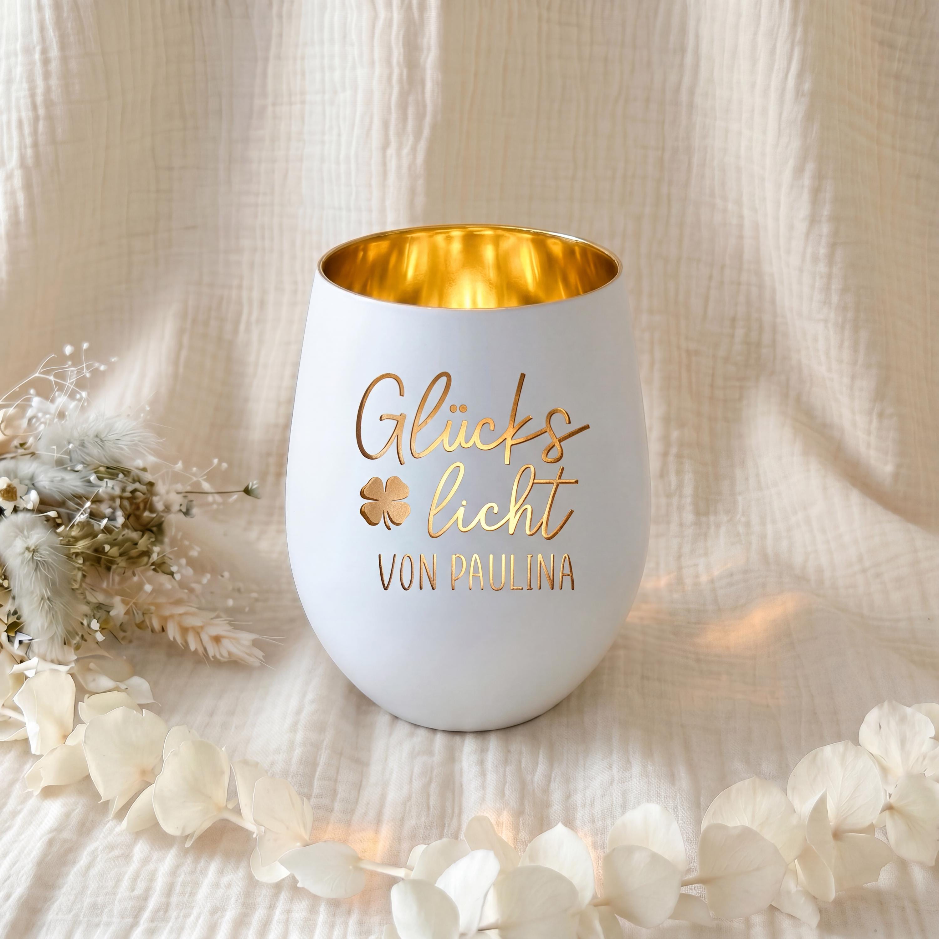 Personalisiertes Glückslicht | Windlicht mit Name | Glücksbringer Geschenk | Graviertes Windlicht | Geschenk für Lieblingsmensch