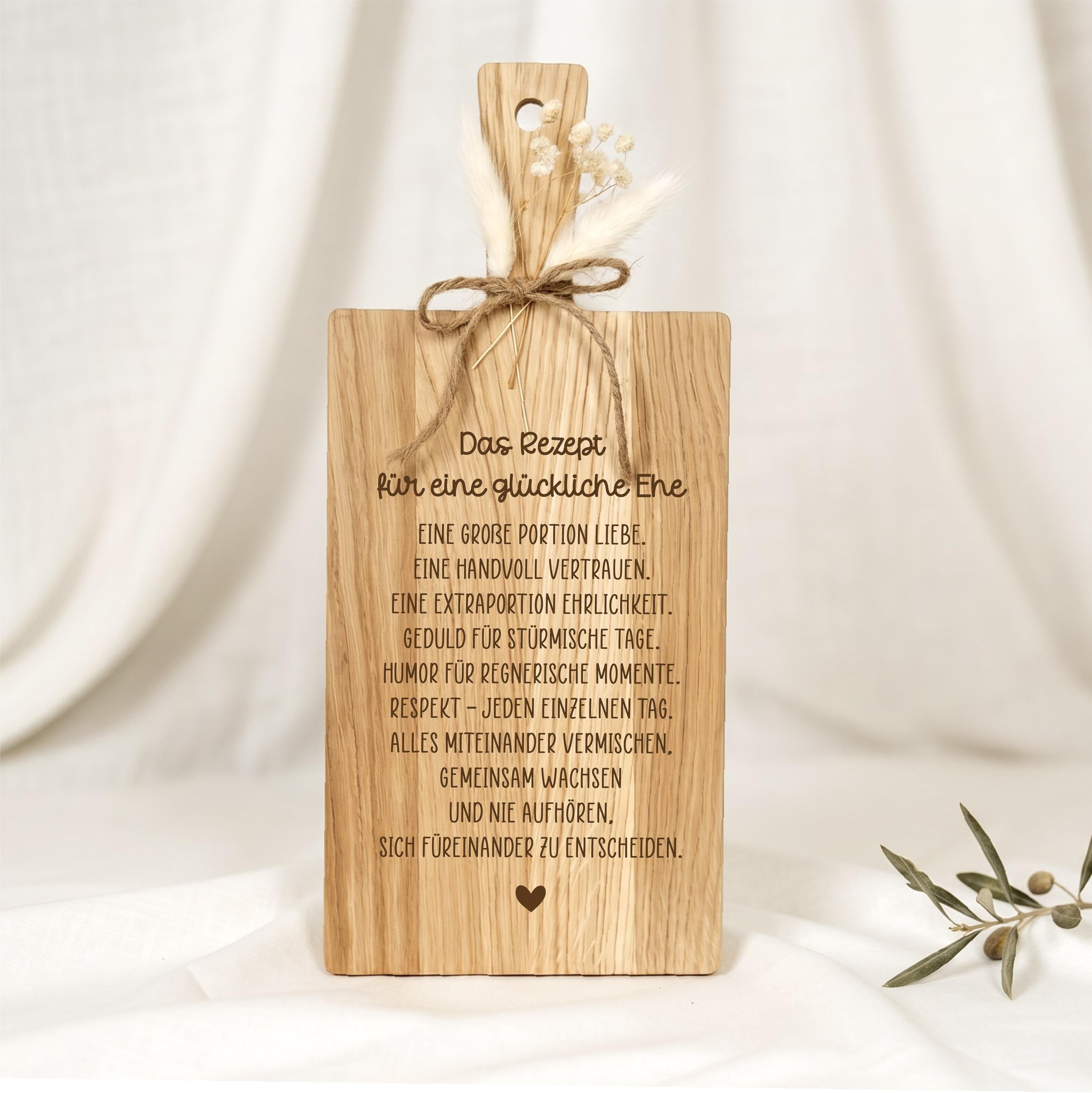 Hochzeitsgeschenk Holzbrett personalisiert • Rezept für eine glückliche Ehe • Geschenk Brautpaar Hochzeit • Eiche Gravur Deko