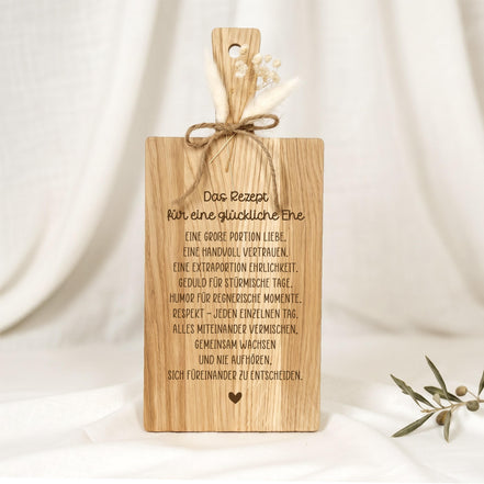 Hochzeitsgeschenk Holzbrett personalisiert • Rezept für eine glückliche Ehe • Geschenk Brautpaar Hochzeit • Eiche Gravur Deko