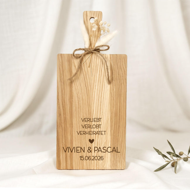 Hochzeitsgeschenk personalisiert • Verliebt Verlobt Verheiratet • Holzbrett Eiche mit Namen & Datum • Geschenk Brautpaar Hochzeit