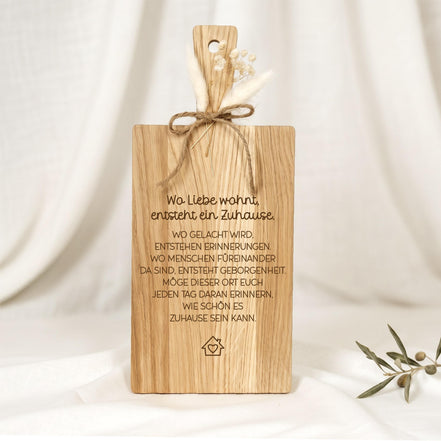 Einweihungsgeschenk Holzbrett • Wo Liebe wohnt entsteht ein Zuhause • Geschenk zum Einzug • Hauskauf Geschenk • Eiche Gravur, neues Zuhause