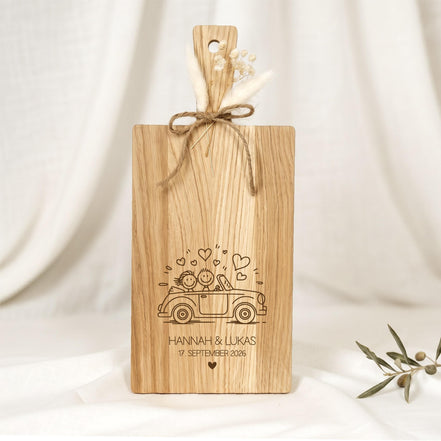 Hochzeitsgeschenk personalisiert • Holzbrett Eiche mit Namen & Datum • Geschenk Brautpaar • Hochzeit Erinnerung • Auto Motiv mit Herz