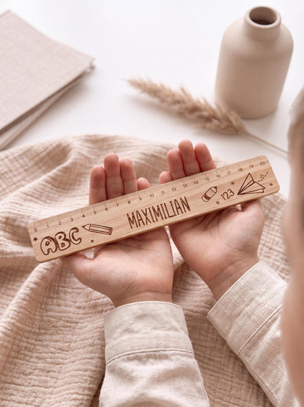 Schulkind 2026, Personalisiertes Lineal aus Eichenholz mit Name – Geschenk zur Einschulung, Schulkind, Schultüte, Einschulungsgeschenk