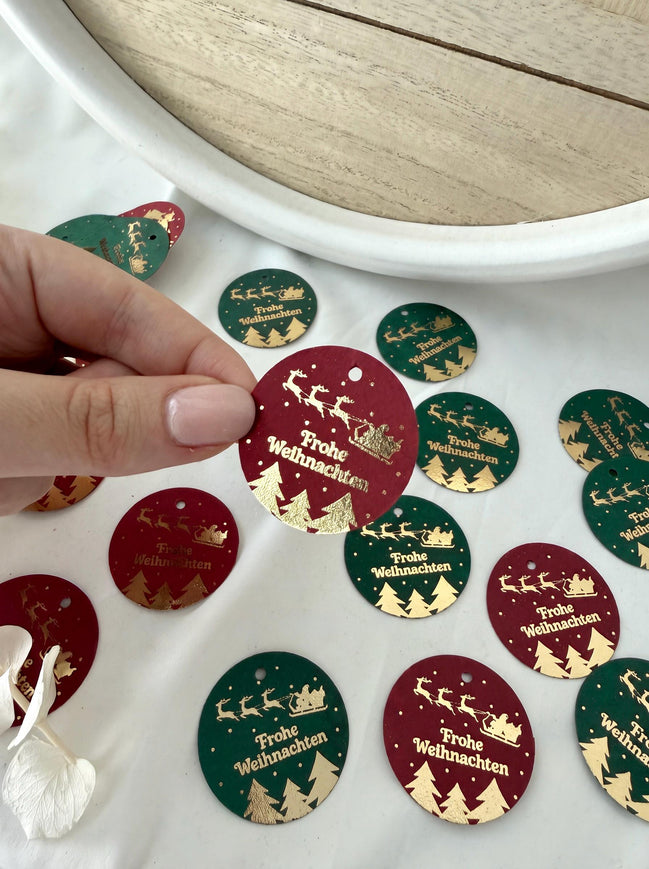 Geschenkanhänger Weihnachten | Frohe Weihnachten Anhänger mit Goldfolie | Weihnachtsanhänger Rot Grün | Geschenketiketten für Geschenke
