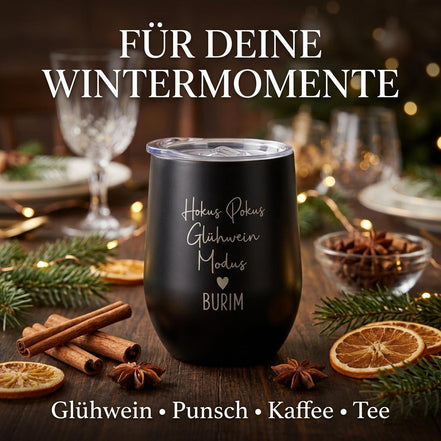 Personalisierter Glühwein Thermobecher mit Gravur, HokusPokus Glühwein Modus, Edelstahlbecher Geschenkidee Weihnachten, Mitarbeiter Geschenk