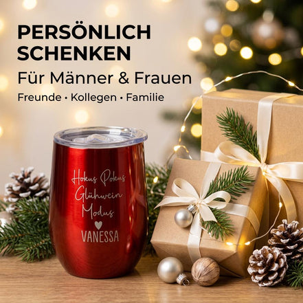 Personalisierter Glühwein Thermobecher mit Gravur, HokusPokus Glühwein Modus, Edelstahlbecher Geschenkidee Weihnachten, Mitarbeiter Geschenk