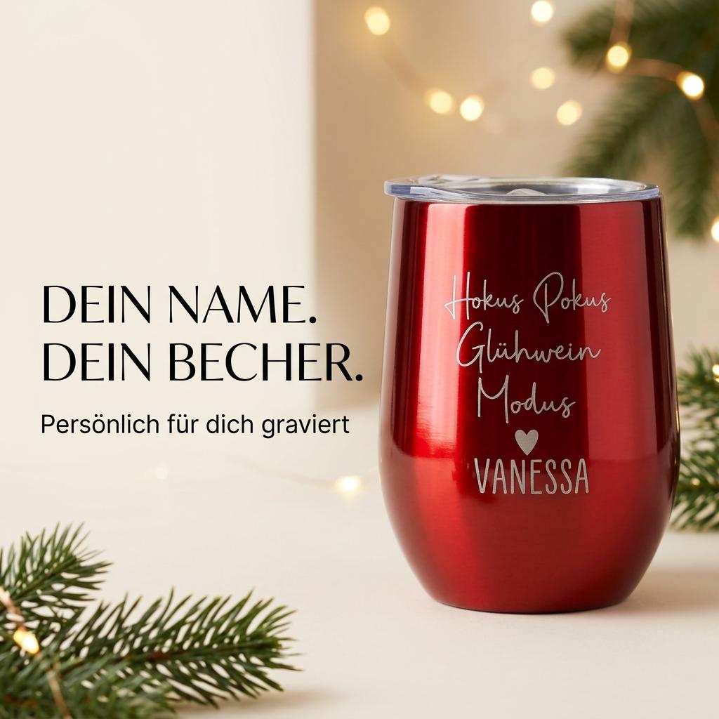 Personalisierter Glühwein Thermobecher mit Gravur, HokusPokus Glühwein Modus, Edelstahlbecher Geschenkidee Weihnachten, Mitarbeiter Geschenk