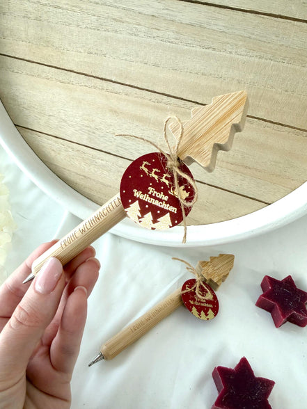 Weihnachts Kugelschreiber aus Bambus mit Gravur – Gastgeschenk Weihnachten, Mitarbeitergeschenk, Mitgebsel, Adventskalender Füllung