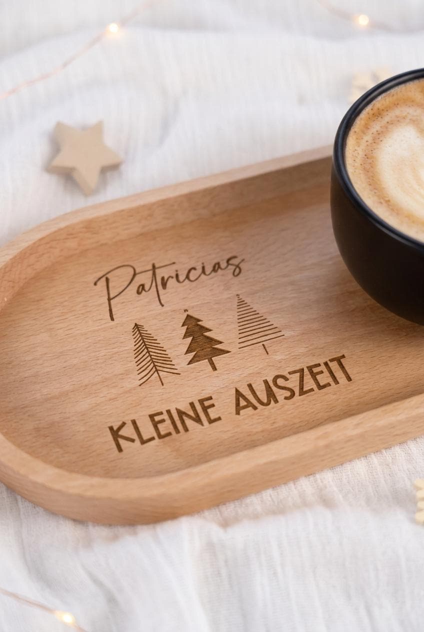 Personalisiertes Weihnachtsgeschenk – Kleine Auszeit mit Name – Holztablett mit Gravur – Geschenk Weihnachten für Mitarbeiter Kollegen