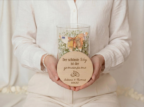Hochzeit Geschenk personalisiert mit Namen | Geldgeschenk Hochzeit | Personalisiertes Hochzeitsgeschenk | Vorratsglas mit Gravur