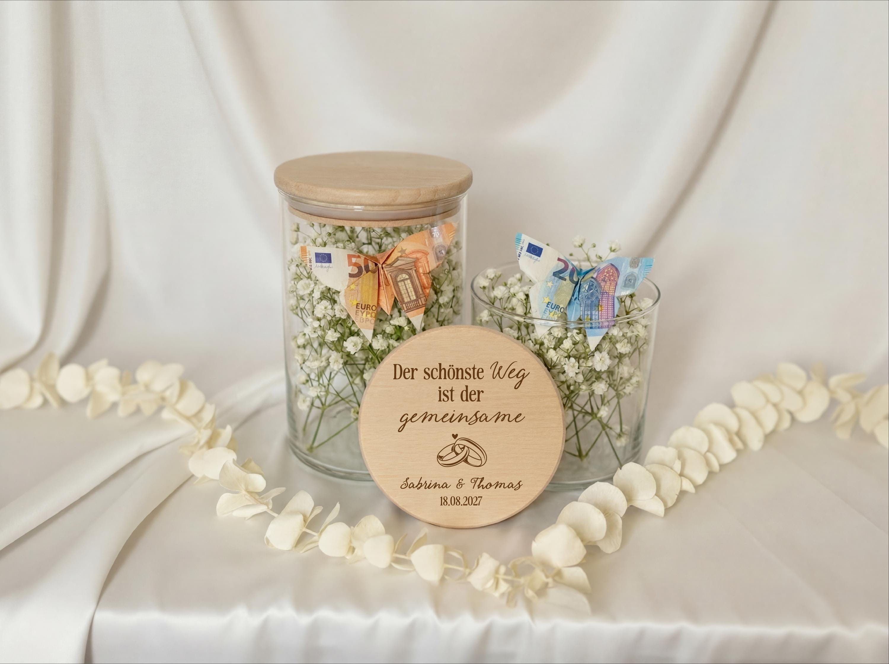 Hochzeit Geschenk personalisiert mit Namen | Geldgeschenk Hochzeit | Personalisiertes Hochzeitsgeschenk | Vorratsglas mit Gravur