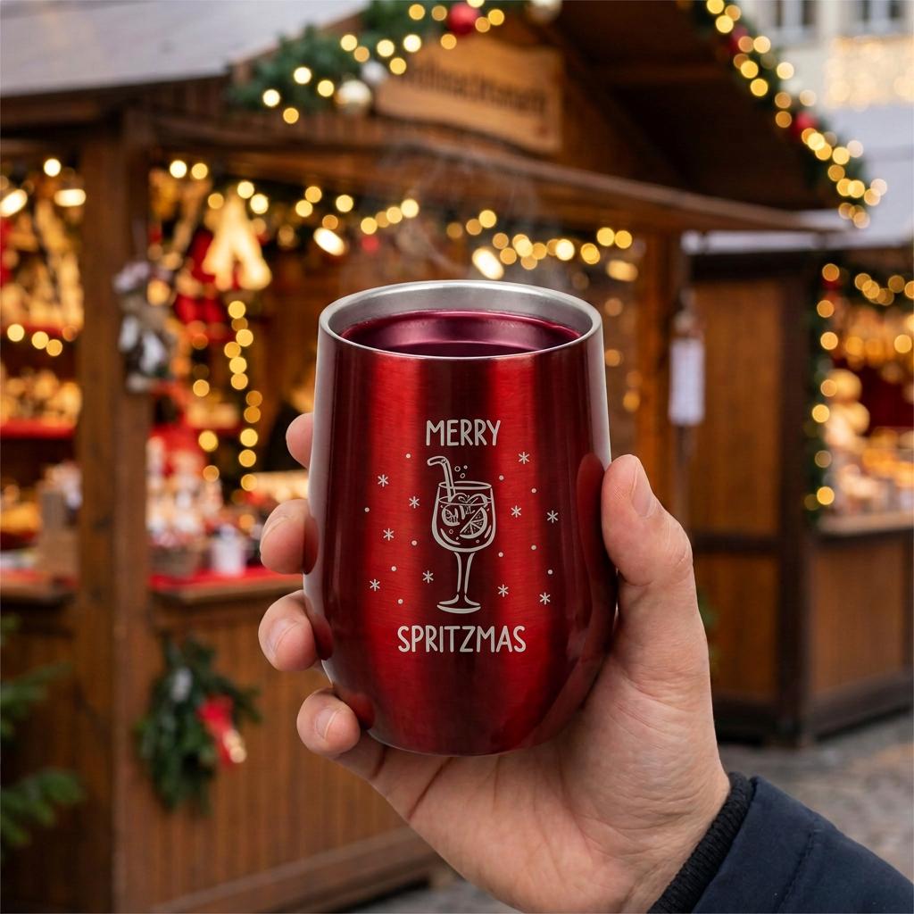 Merry Spritzmas Thermobecher – Glühwein Becher mit Gravur – Weihnachtsgeschenk für Frauen – Wichtelgeschenk Freundin Kollegin – Wichteln